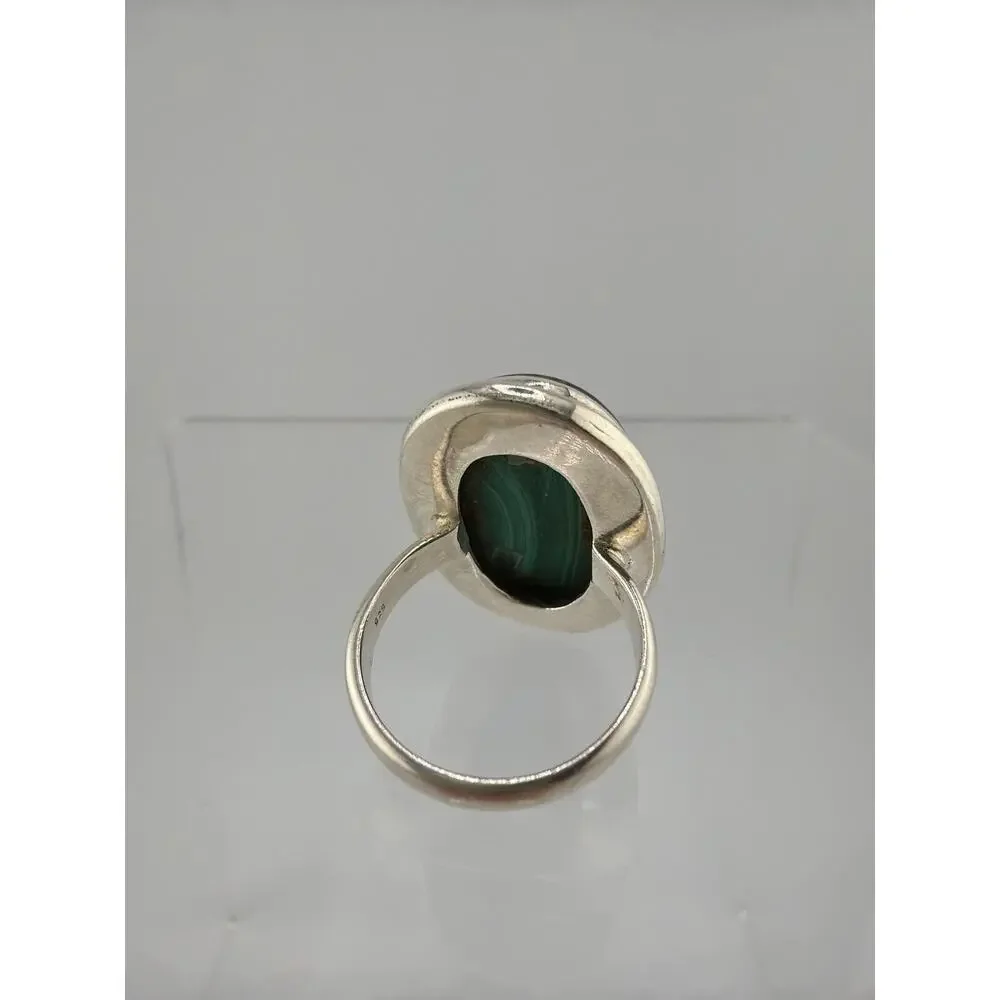 Large Oval Malachite 925 Sterling Silver Statement Ring Size 7